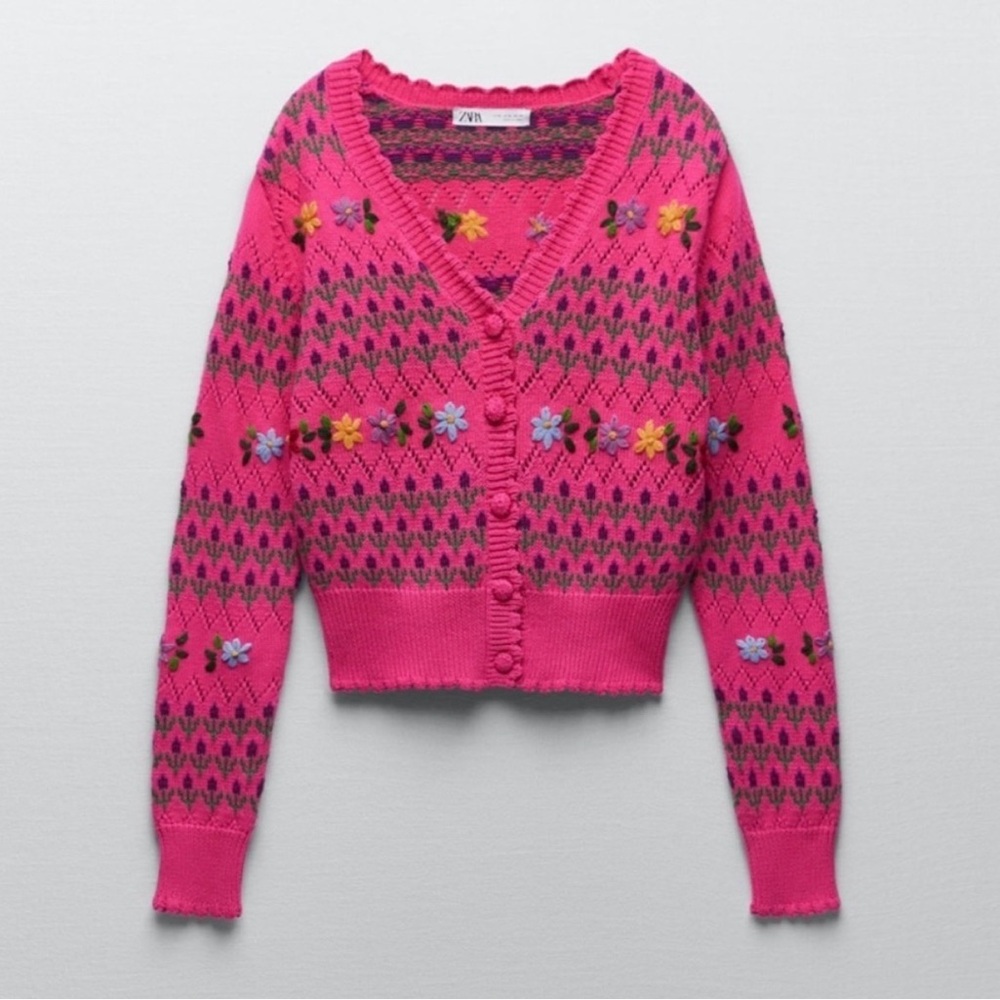 ZARA Floral Knit Pink Sweater
